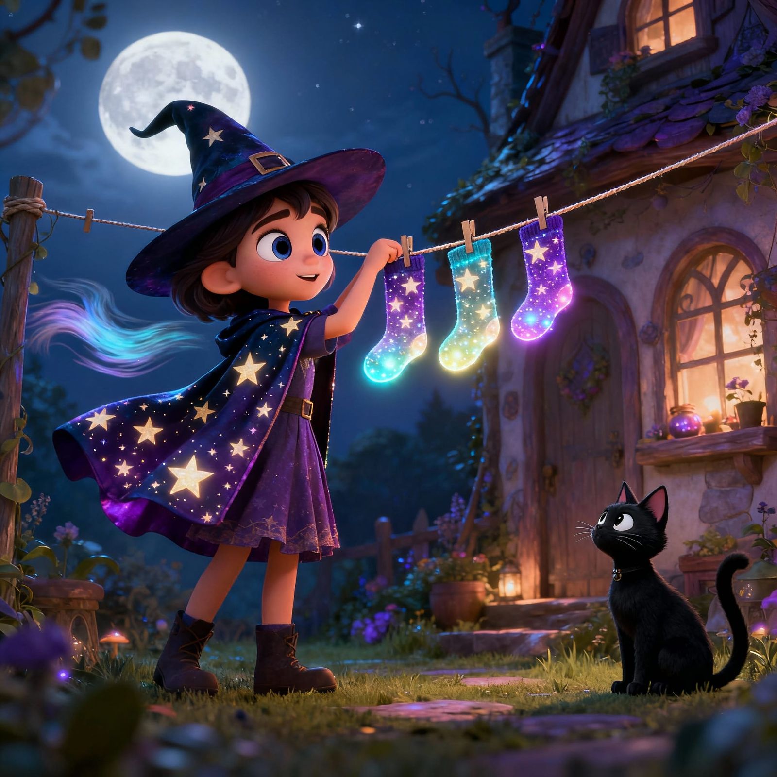 Young Witch Hanging Starry Capes in Moonlight