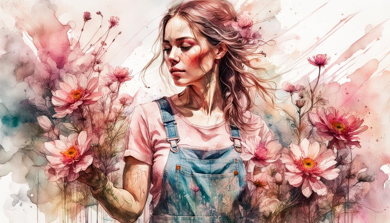 Double Exposure of Hands Clutching Flowers in Dirt