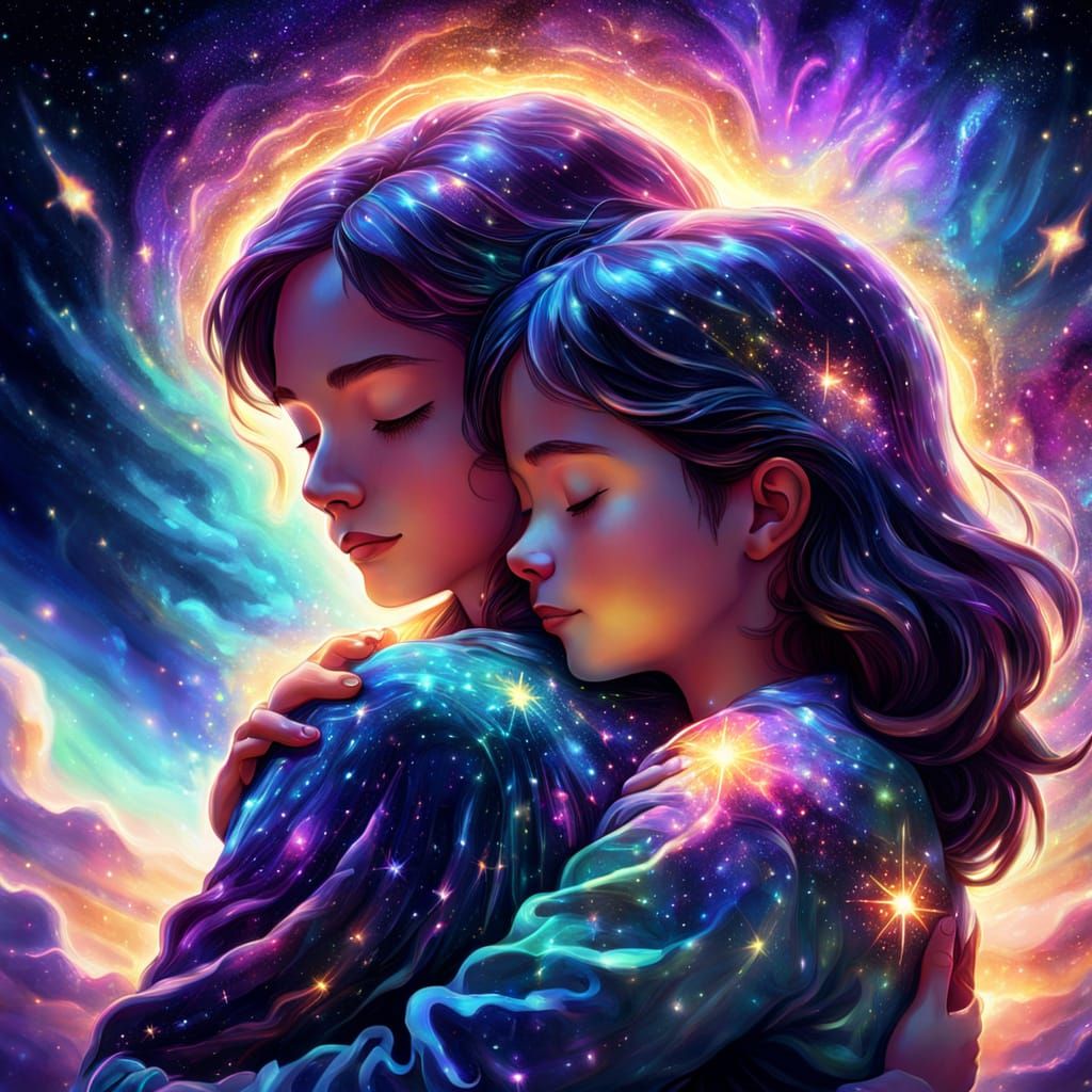 Astral Mother and Son Embrace: Cosmic Art