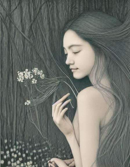 Elegant Woman with Flower in Etching Style