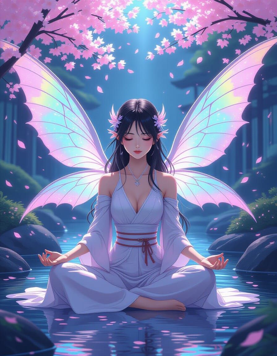 Anime Fairy Meditating in Futuristic Neon Garden