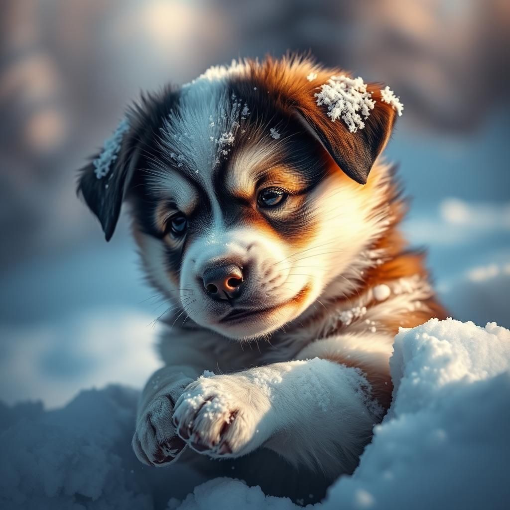 Snowy Puppy Purring: Hyperrealistic Digital Art