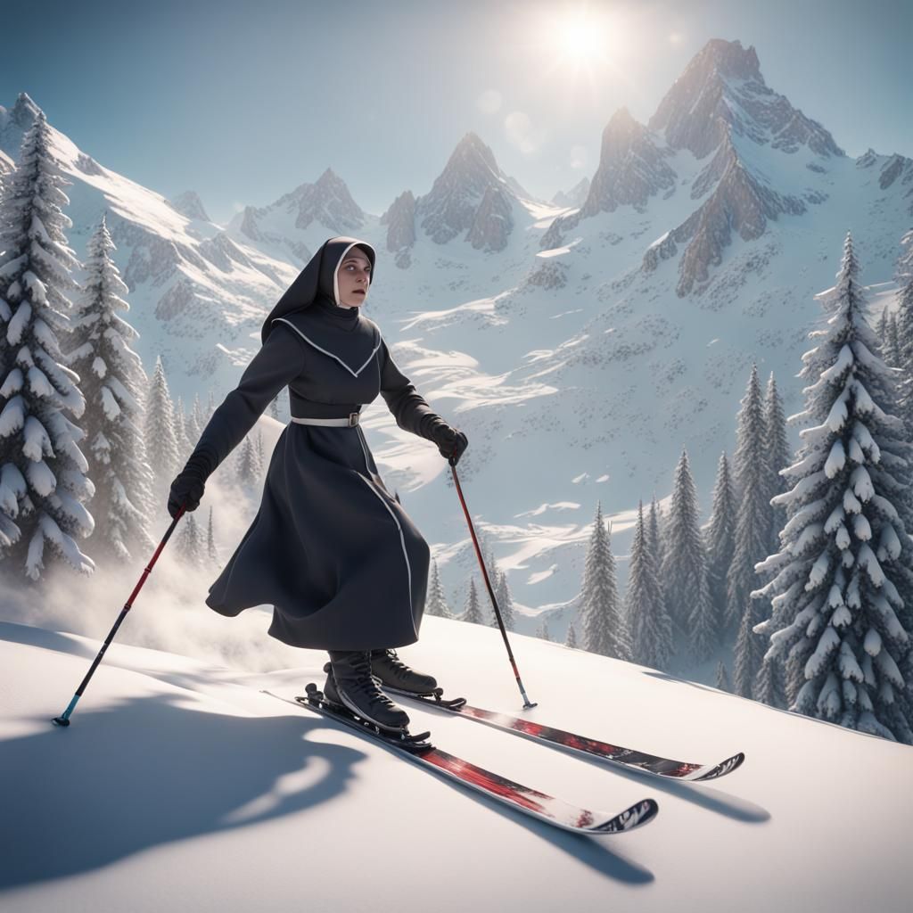 Nun's Alpine Skiing Adventure: Detailed Digital Painting