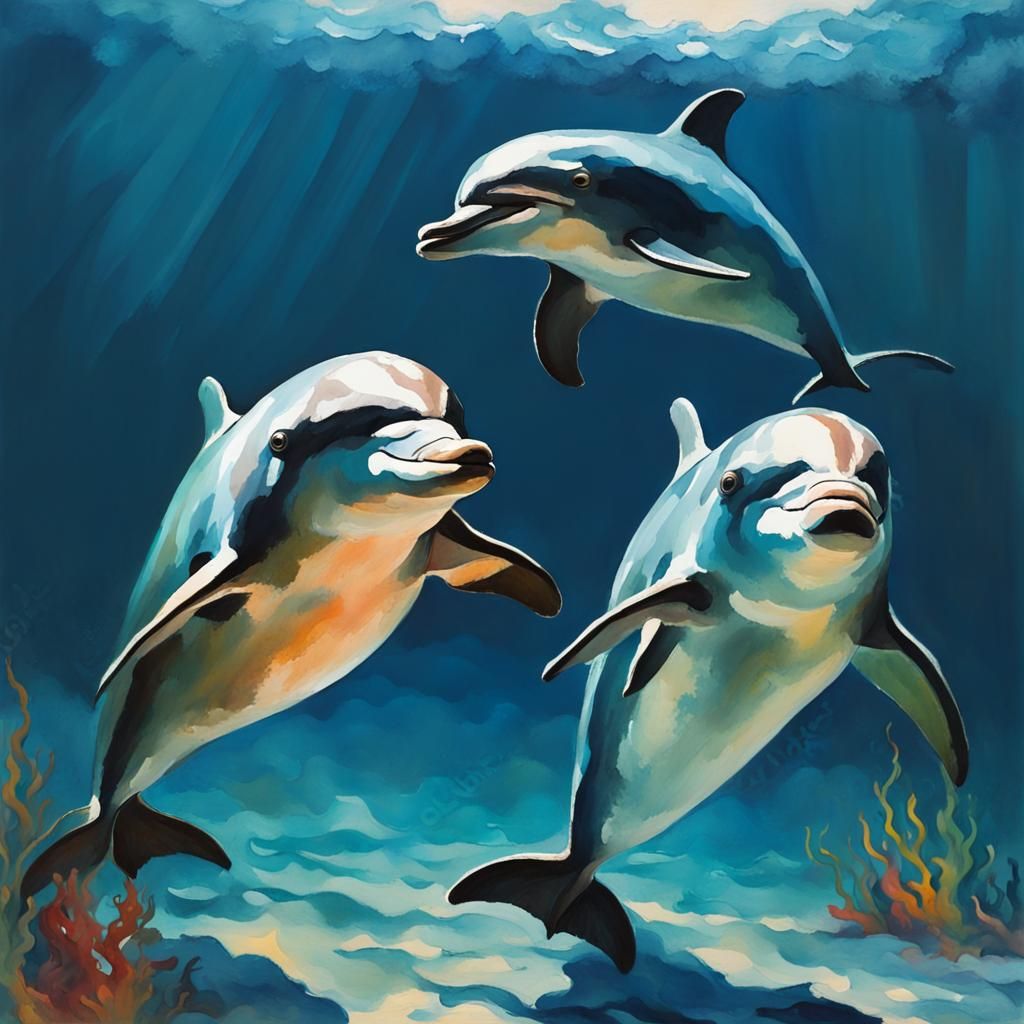 Underwater Dolphins in Impressionist Gouache Style