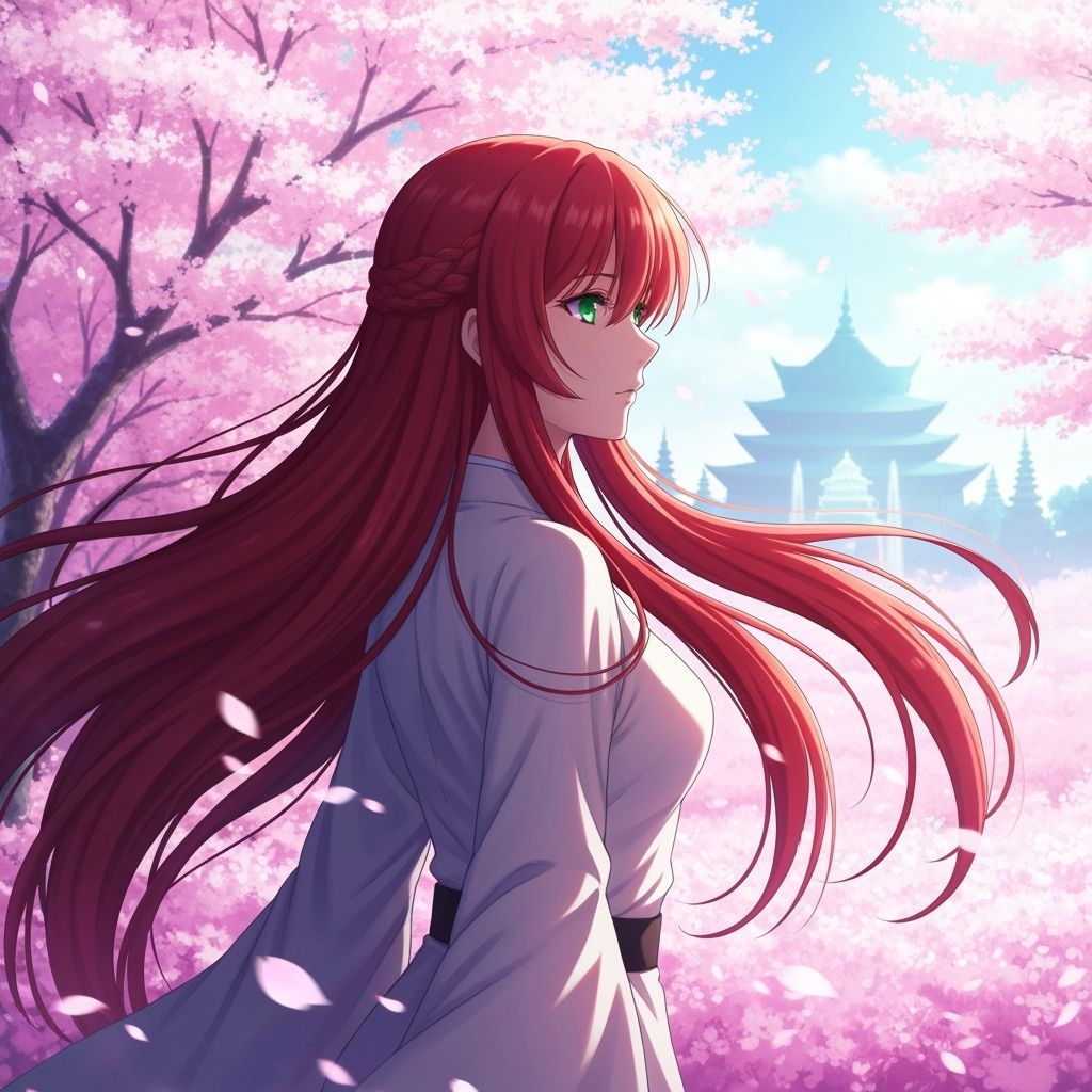 Anime Woman in Cherry Blossom Field, Dreamlike Scene