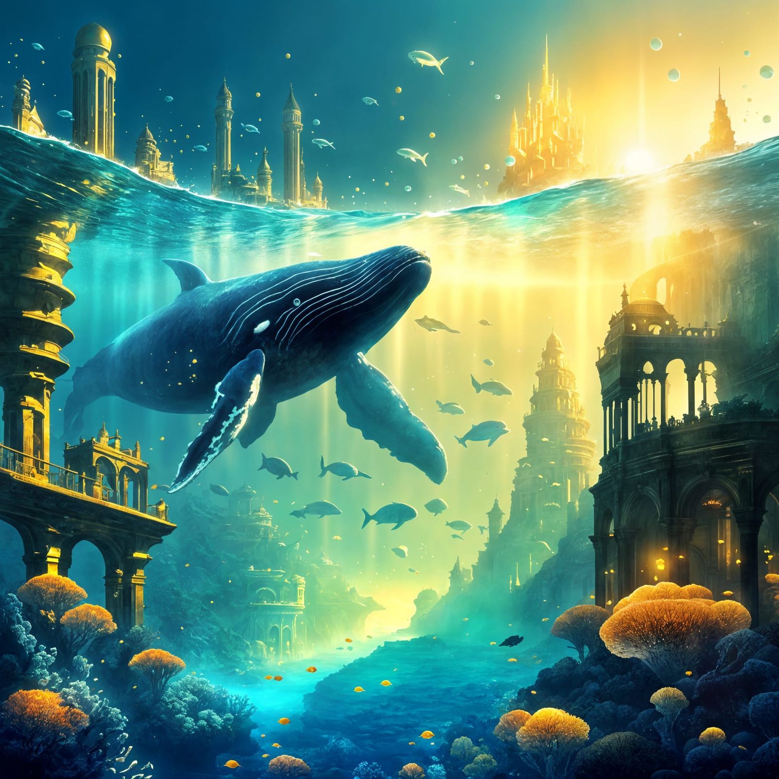 Whale Above Glowing Underwater City in Ghibli Style
