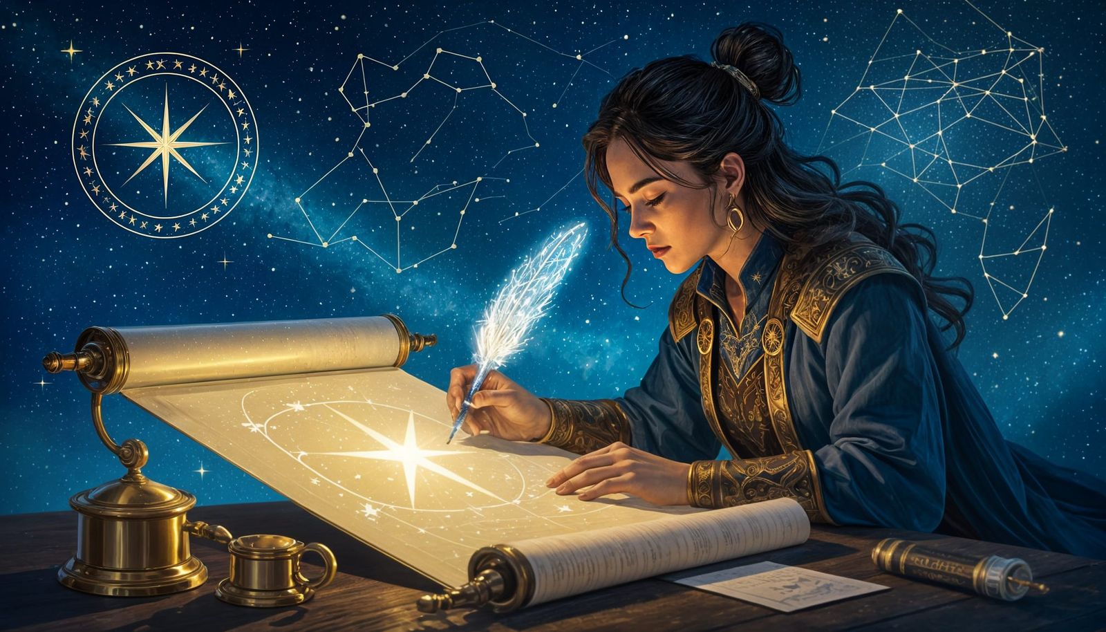 Celestial Mapmaker Sketching Stars with Glowing Quill