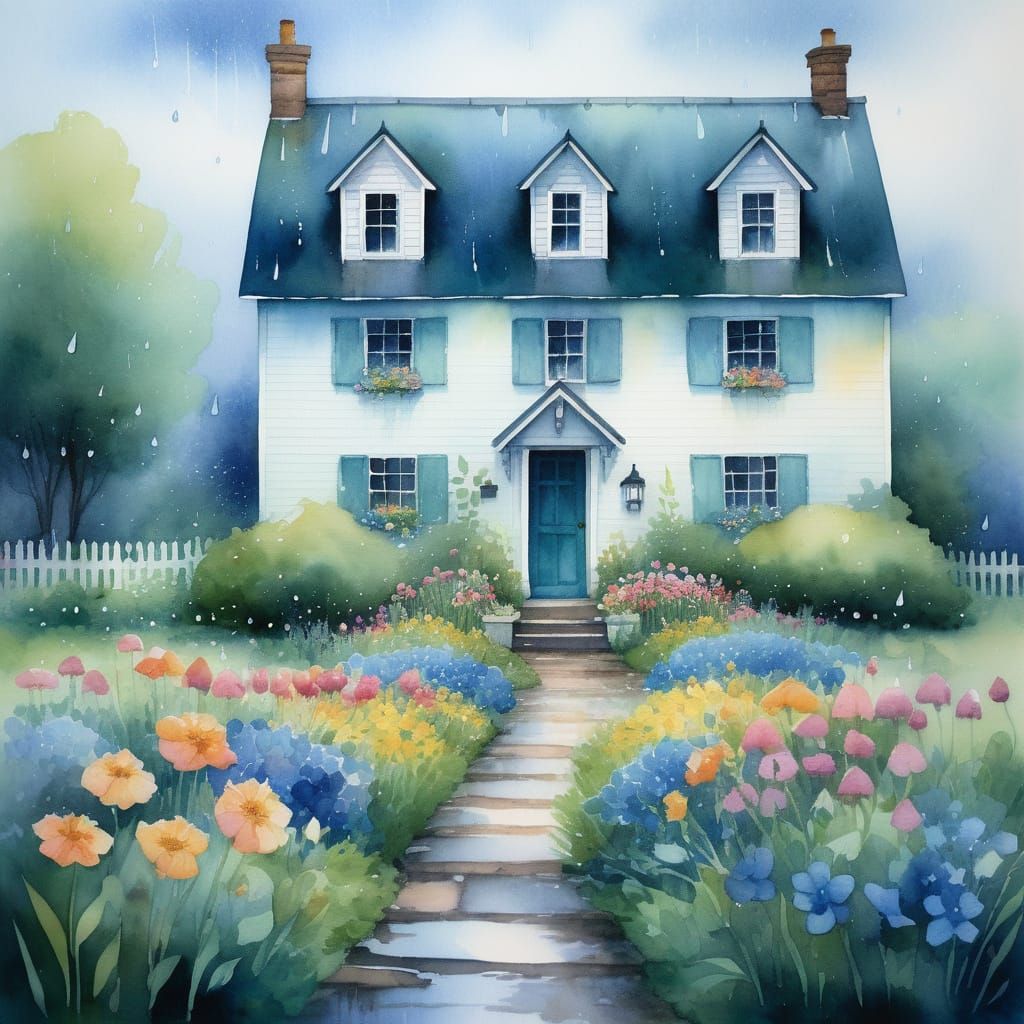Watercolor House with Flowers in Gentle Rain
