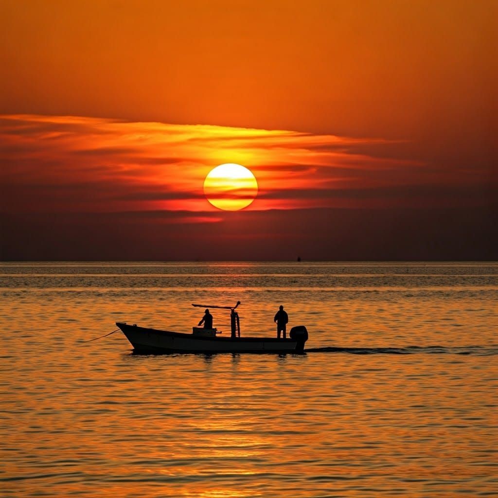 Dramatic Sunset Fishing Scene with Vibrant Orange and Yellow