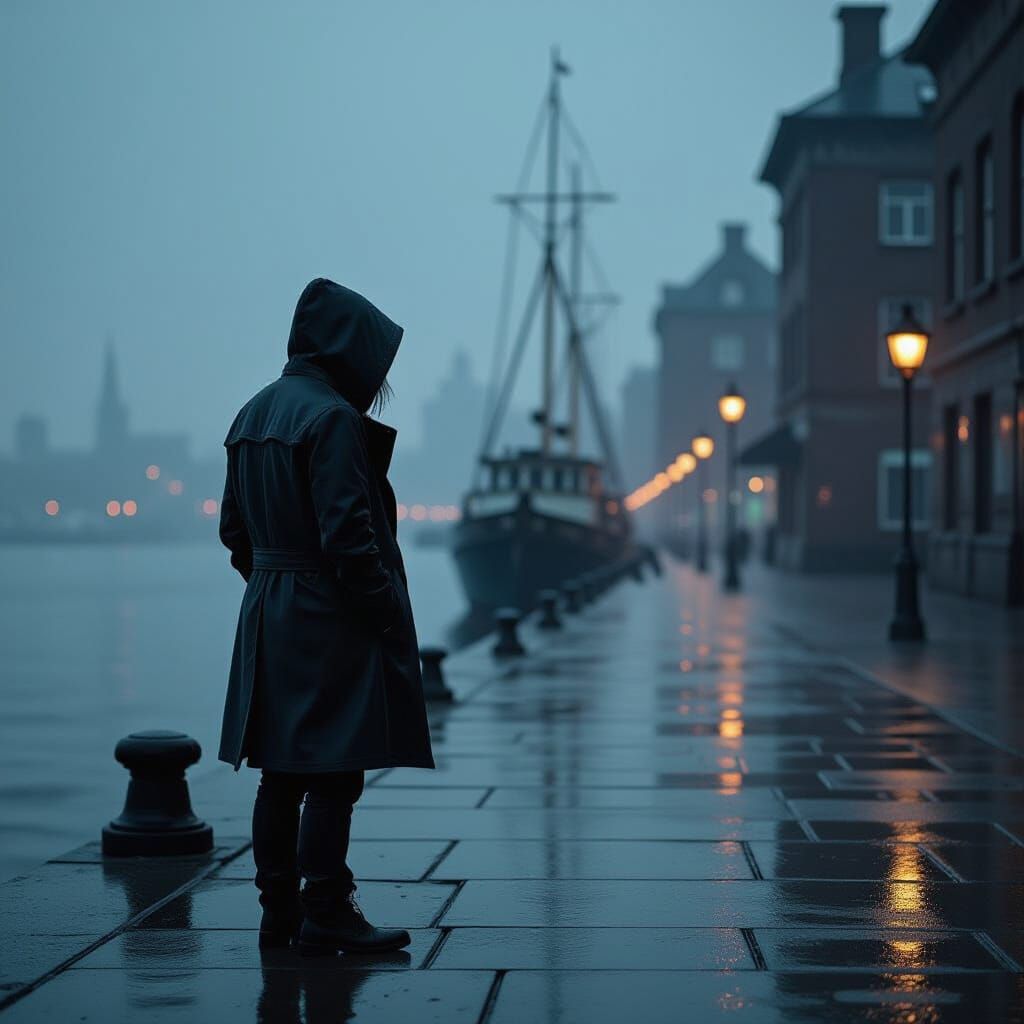 Gloomy Evening Seaport with Blurred Lights