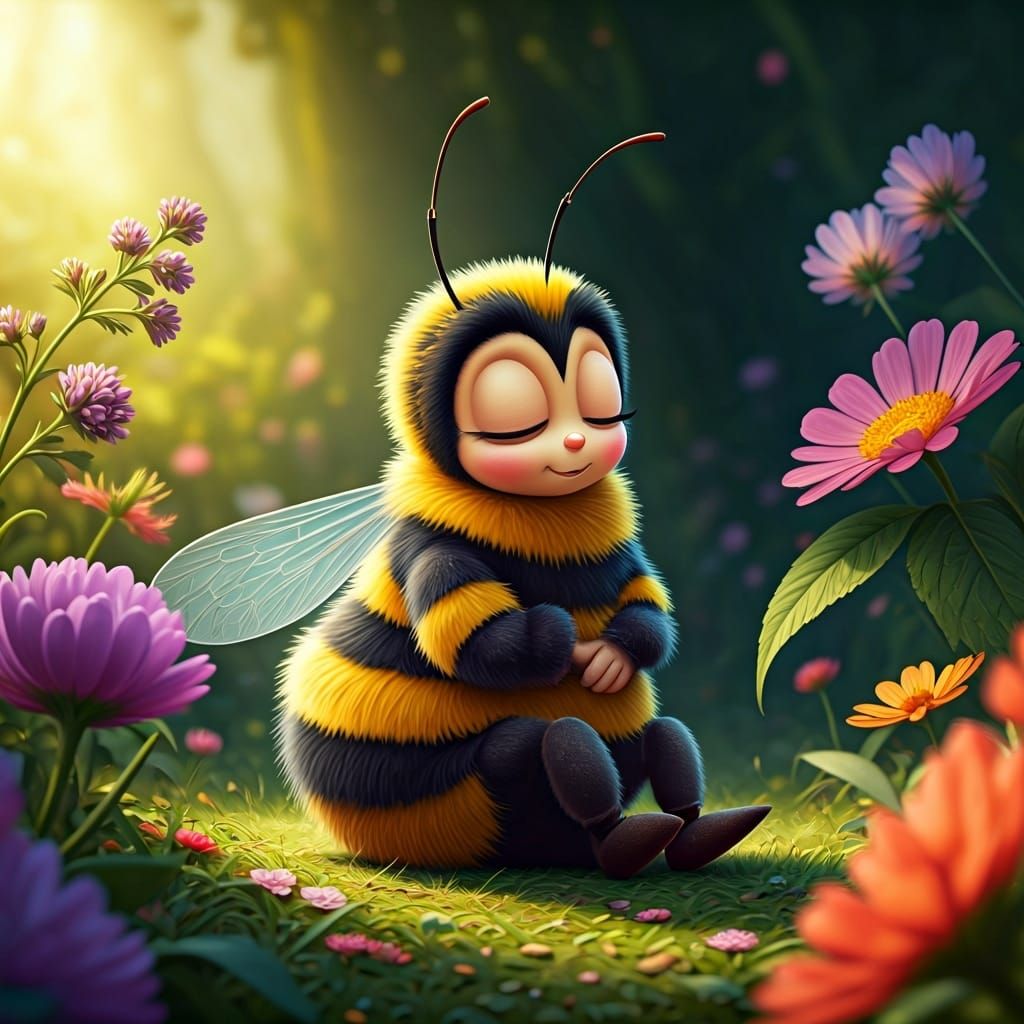 Sleepy Bumblebee in Floral Meadow, Disney-Pixar Style