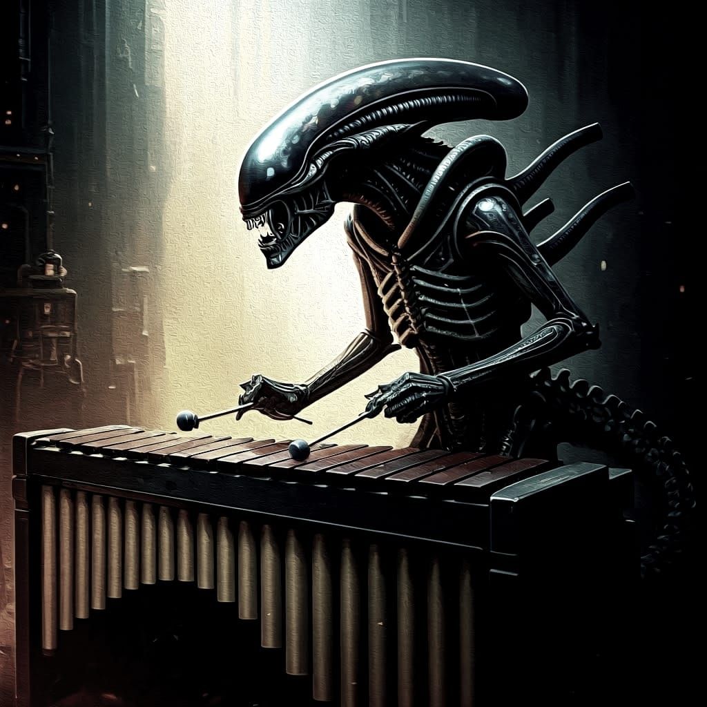 Xenomorph Plays Xylophone in Gouache Style