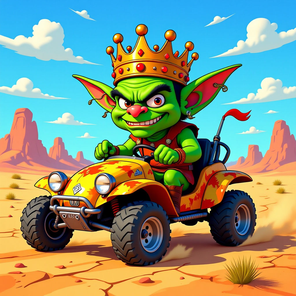 2D cartoon style A comically arrogant Goblin wearing an over...