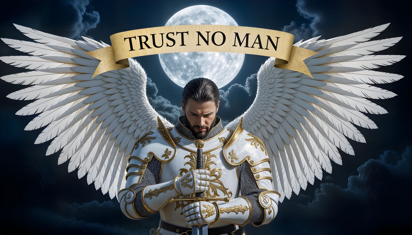 Knight with Angel Wings and Sword, Moody Moonlit Scene