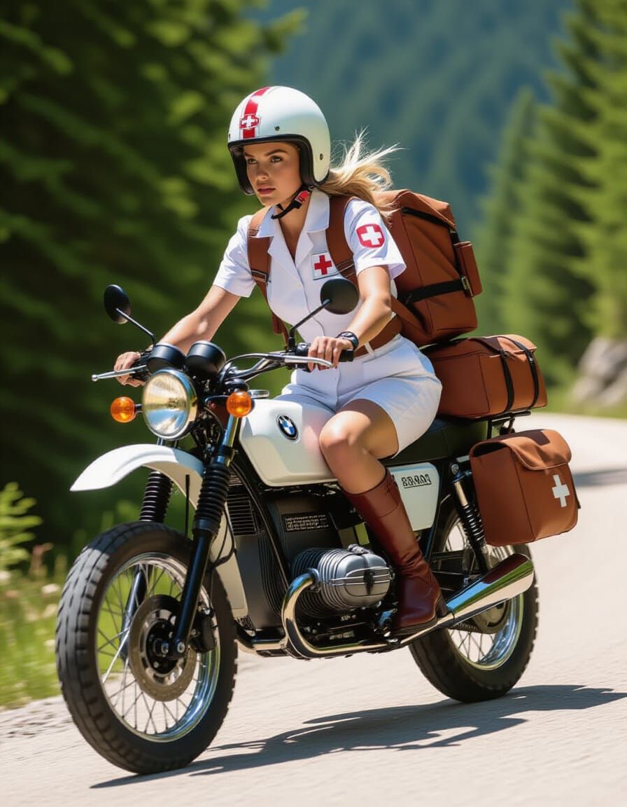 Nurse on Rescue Mission Aboard Vintage BMW Dirt Bike