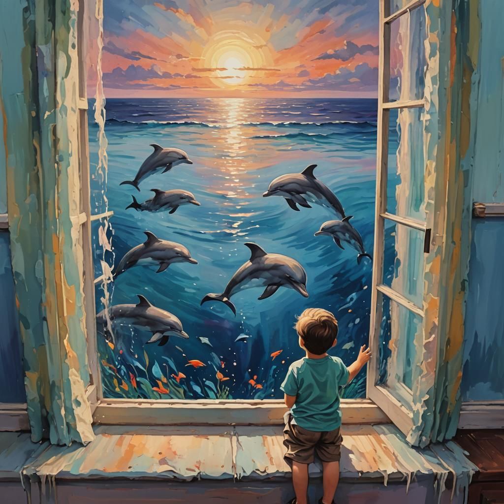 Dolphins Jumping at Twilight: Abstract Art