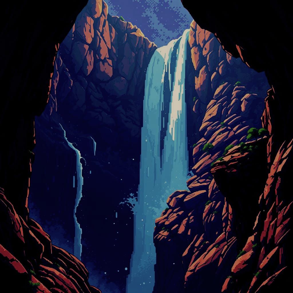 Massive Underground Waterfall in Pixel Art