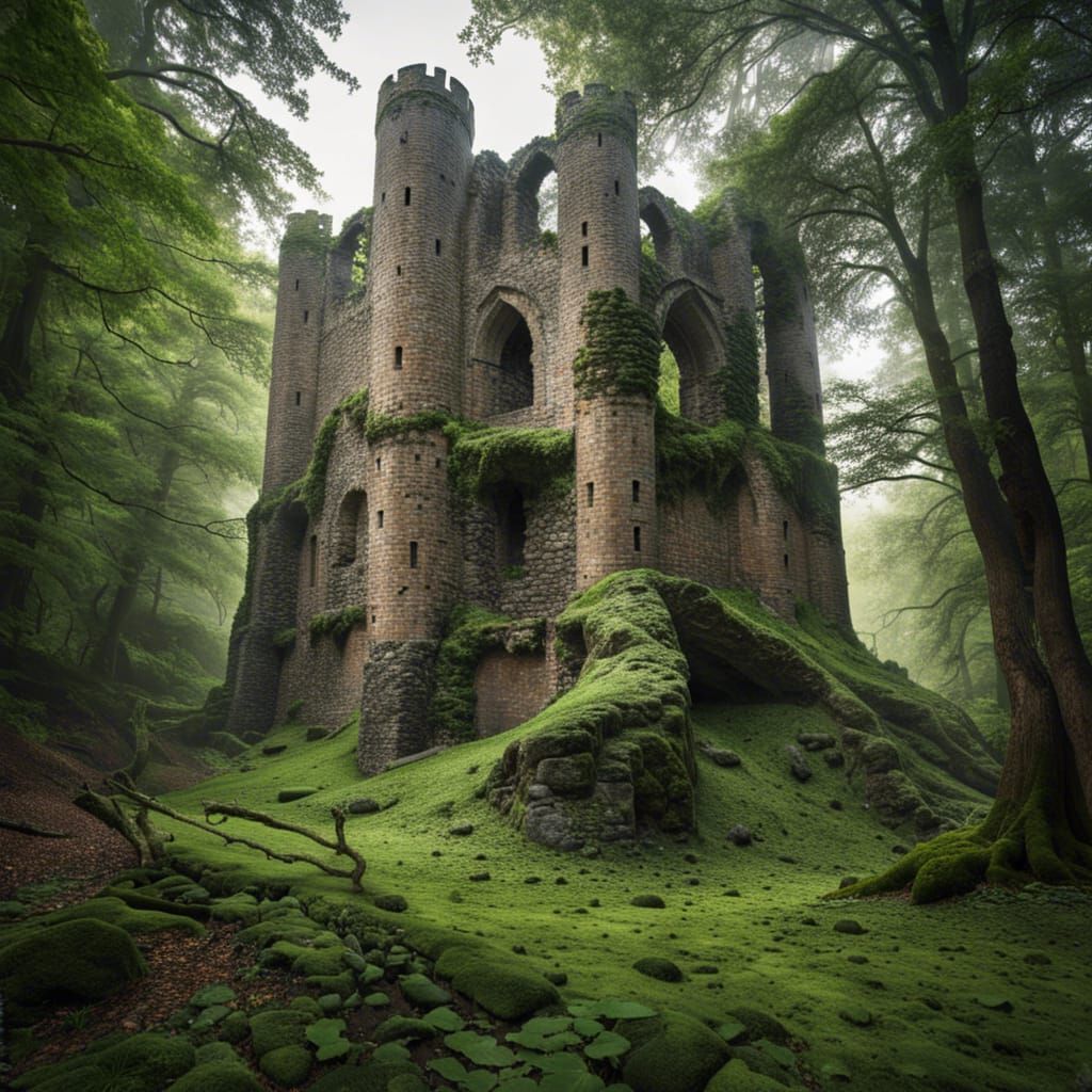 middle age castle ruins, in the middle of an ancient, gray f...