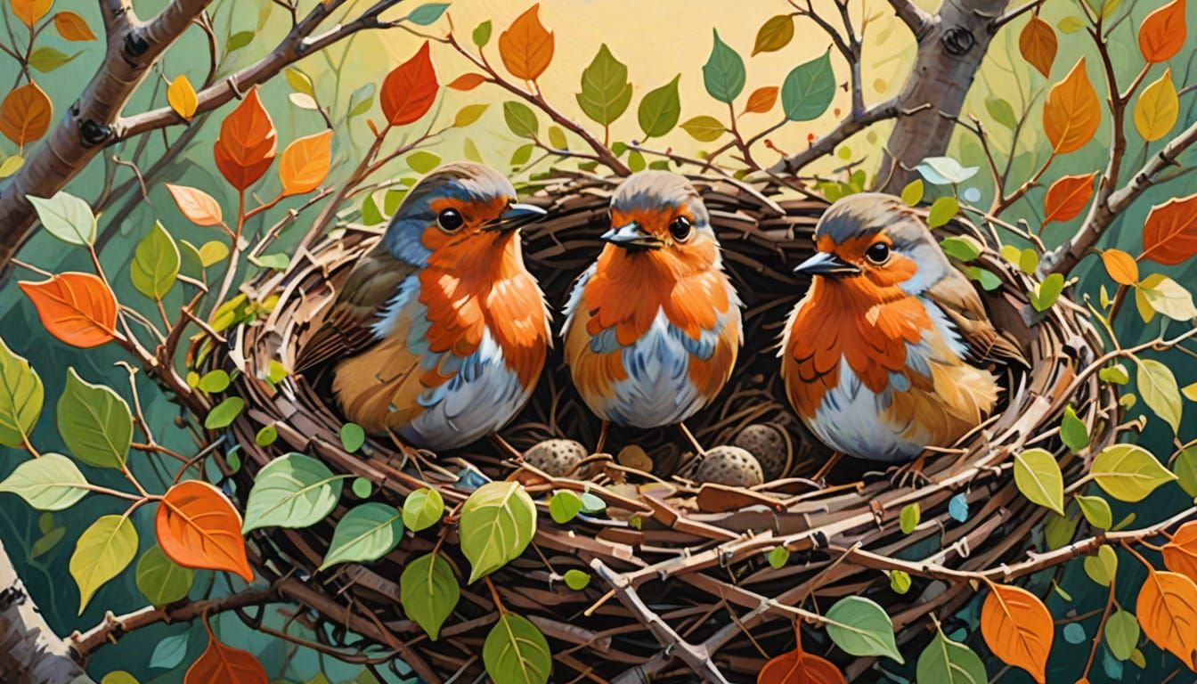 Proud Robins in a Whimsical Gouache Nest
