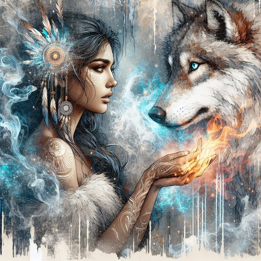 Ice Age Woman and Wolf in Digital Watercolour Style