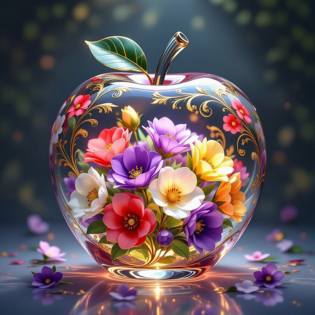 Crystal Glass Apple with Floral Gold and Coral Details