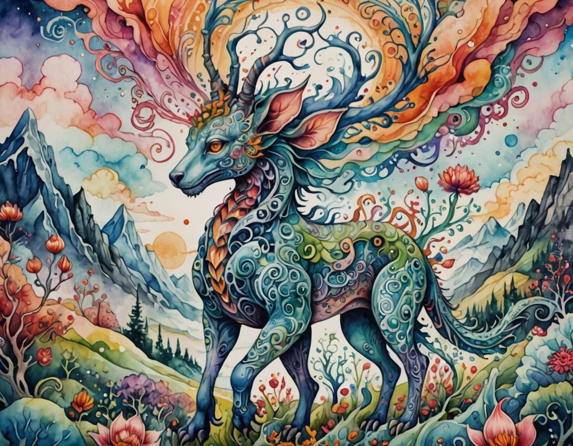 Dreamlike Creature Emerges in Surrealist Watercolor