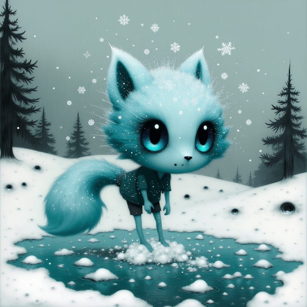Ethereal Snow Fox Kit Plays with Icy Snowflakes in Winter Wo...