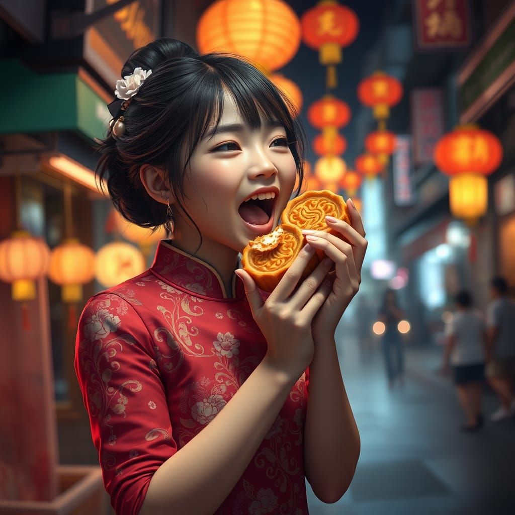 Girl in Cheongsam Eating Mooncake in Chinatown