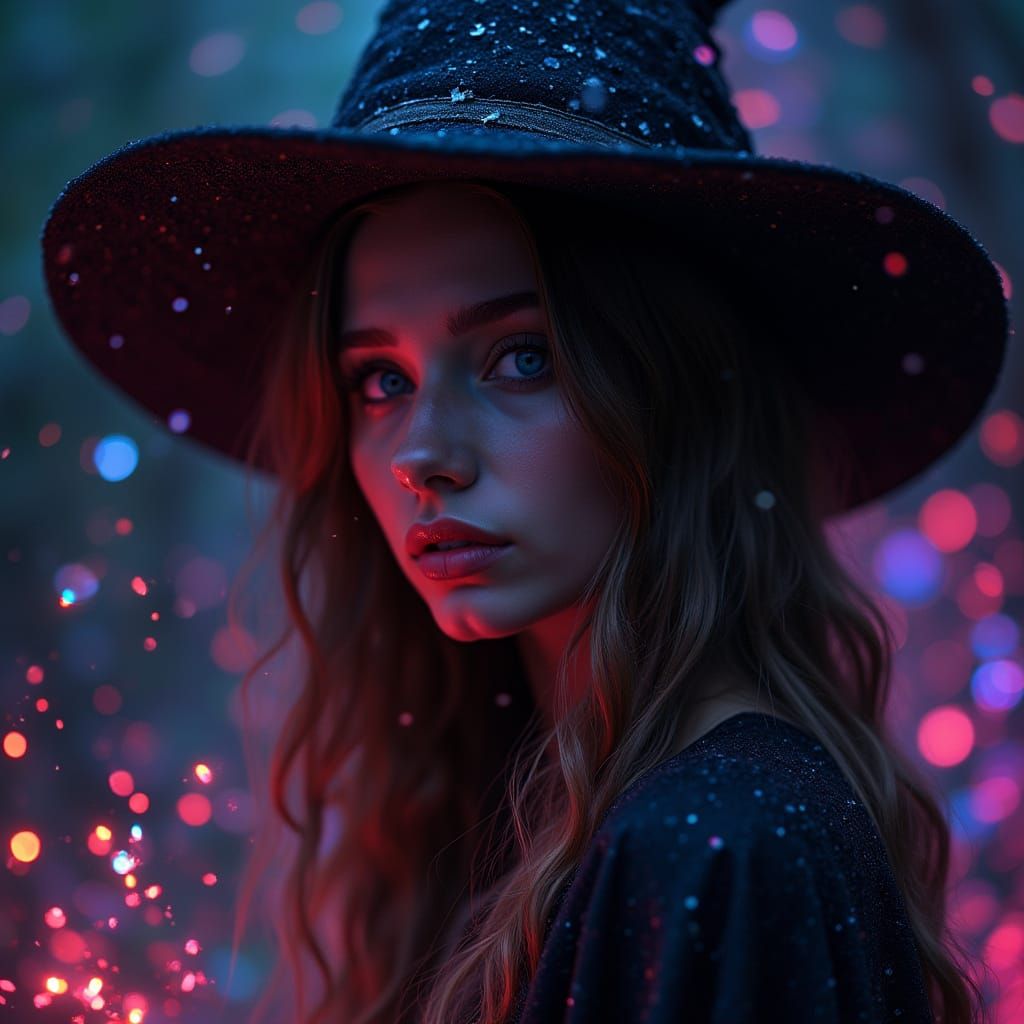 Beautiful Witch Portrait with Floating Crystals