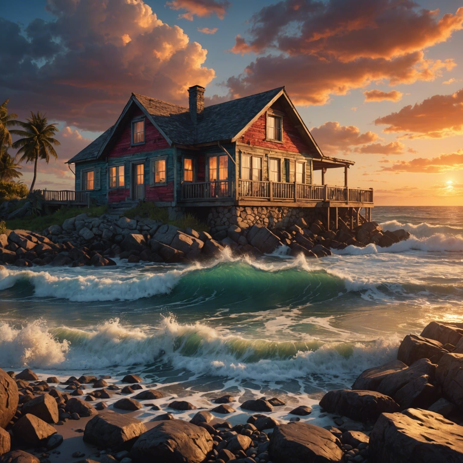 Beach Cottage at Sunset in Photorealistic Style