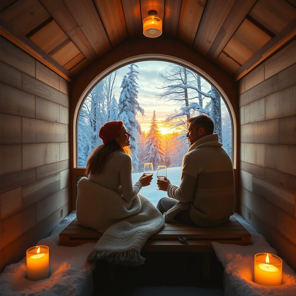 Romantic Scandinavian Sauna Scene in Epic Gouache Style