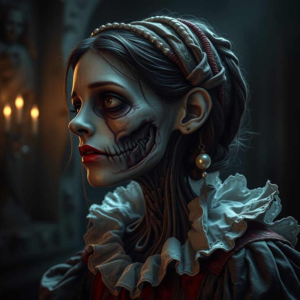Undead Zombie Girl with Pearl Earring in Renaissance Style