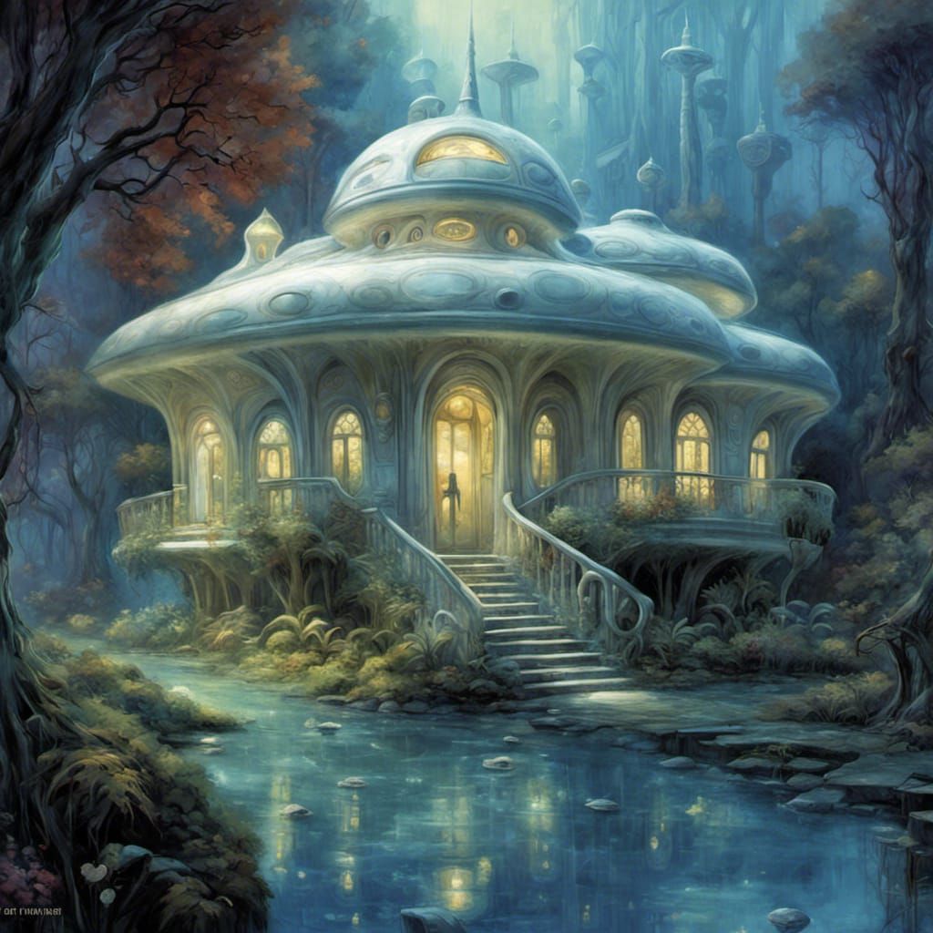 Serene Alien Mansion Inspired by Tiffany, Giger and Kinkade