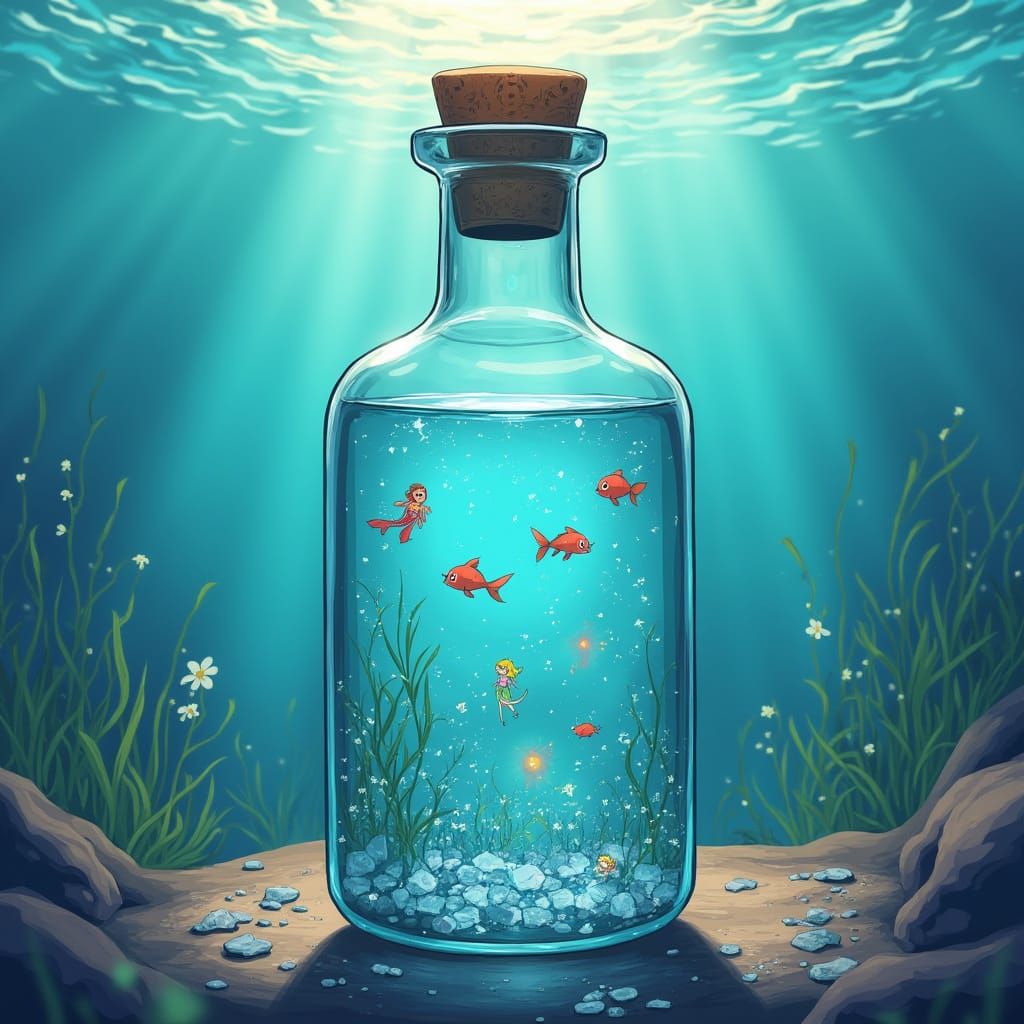 Manga-Inspired Glass Bottle Scene with Fish and Mermaids
