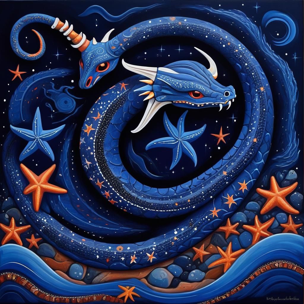 Avanyu Serpent Emerges from Cosmic Starfish Ocean