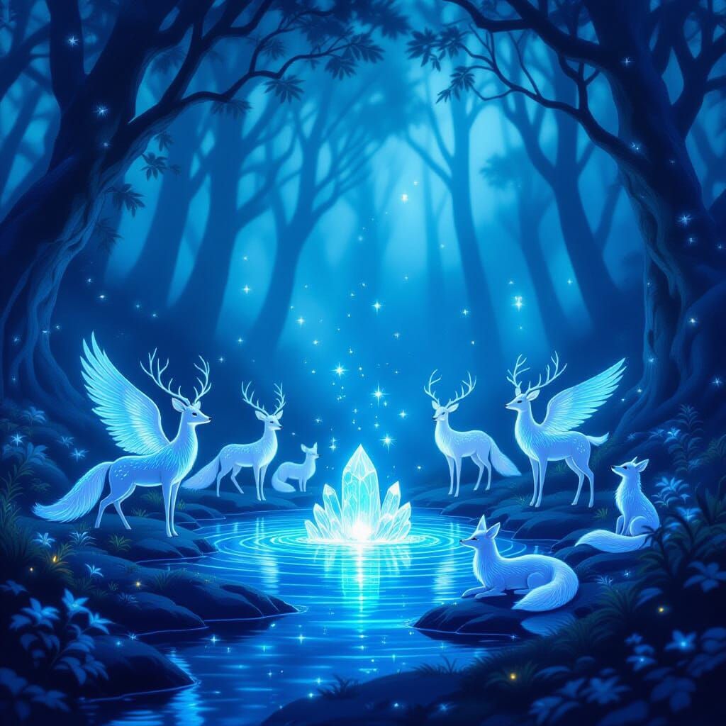Mystical Forest Creatures by Crystal Spring at Twilight