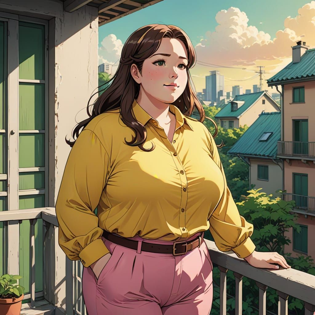 Charming Bbw Woman on a Balcony in Anime Style