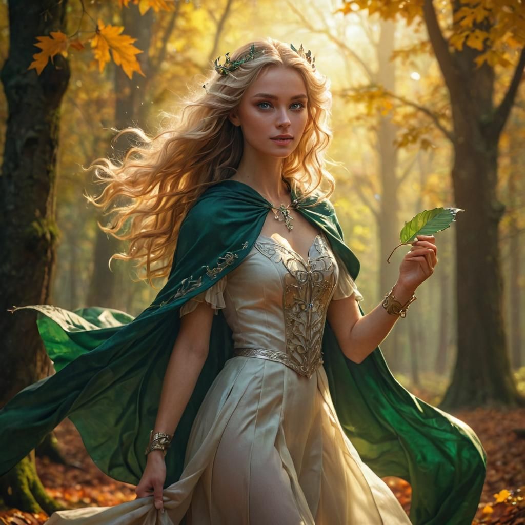 Enchanted Forest Girl with Magic Leaf, Fantasy Art