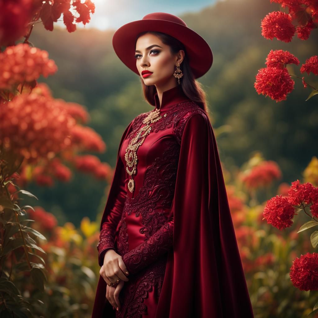 Hyperrealistic Portrait of Woman in Garnet, Nature Backgroun...