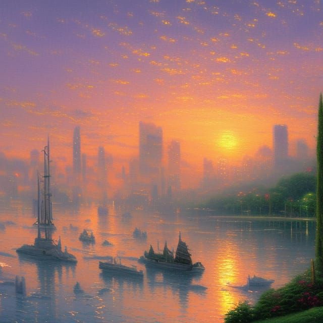 City Sunset Aurora: Steampunk Oil Painting