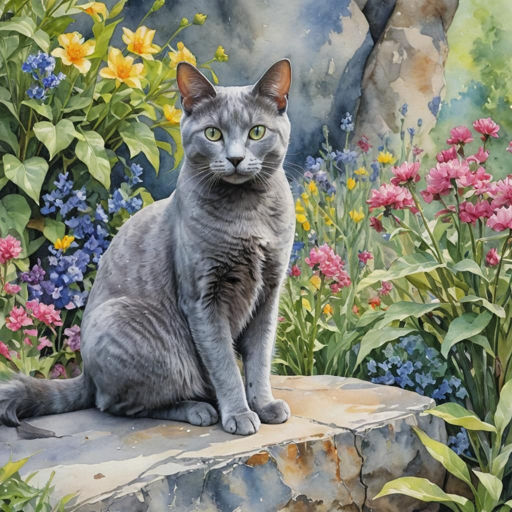 Grey Cat in Garden, Detailed Watercolor Painting