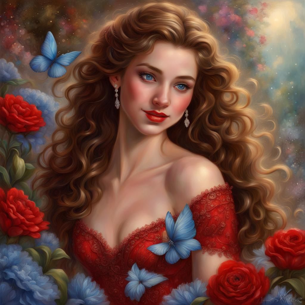 Ethereal Teen in Red Gown, Hyperdetailed Fantasy