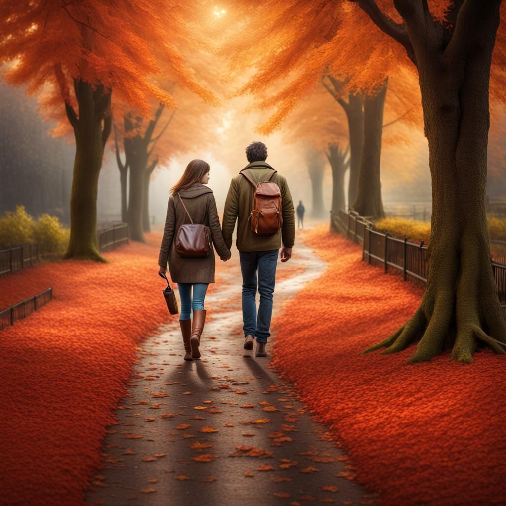 Couple Walking Through Autumn Leaves in Hyperrealism