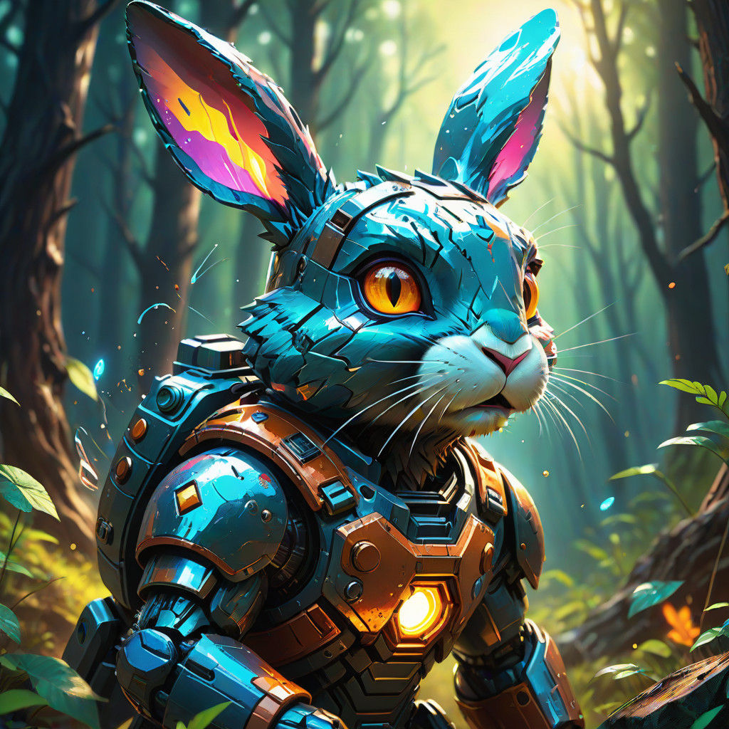 Cyberpunk Super Rabbit in Glowing Forest Landscape