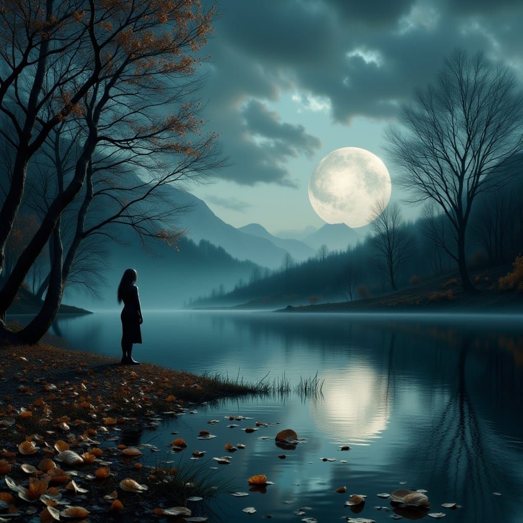 Ethereal Steampunk Figure Lost in Moonlit Lake