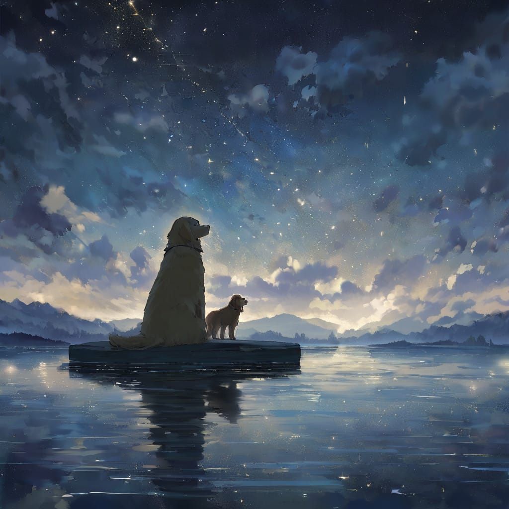 Golden Retriever Encounters Dark Wolf Under Starry Night Sky