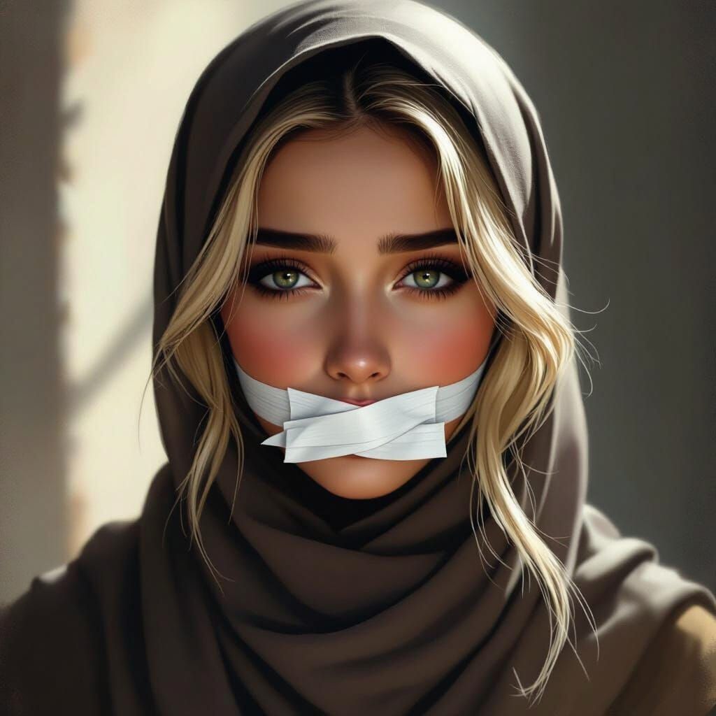 Young Woman With Taped Mouth in Dramatic Light