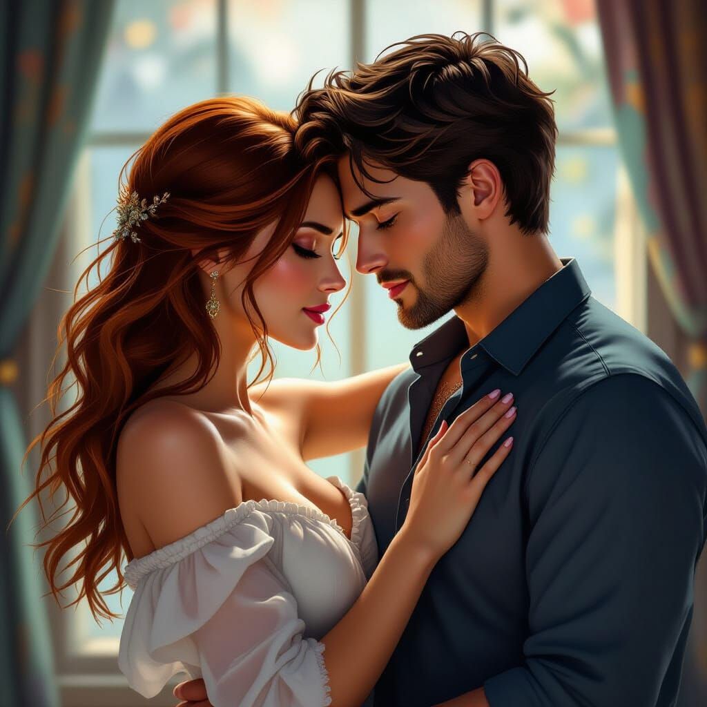 a tender moment between two lovers, their faces entwined in ...