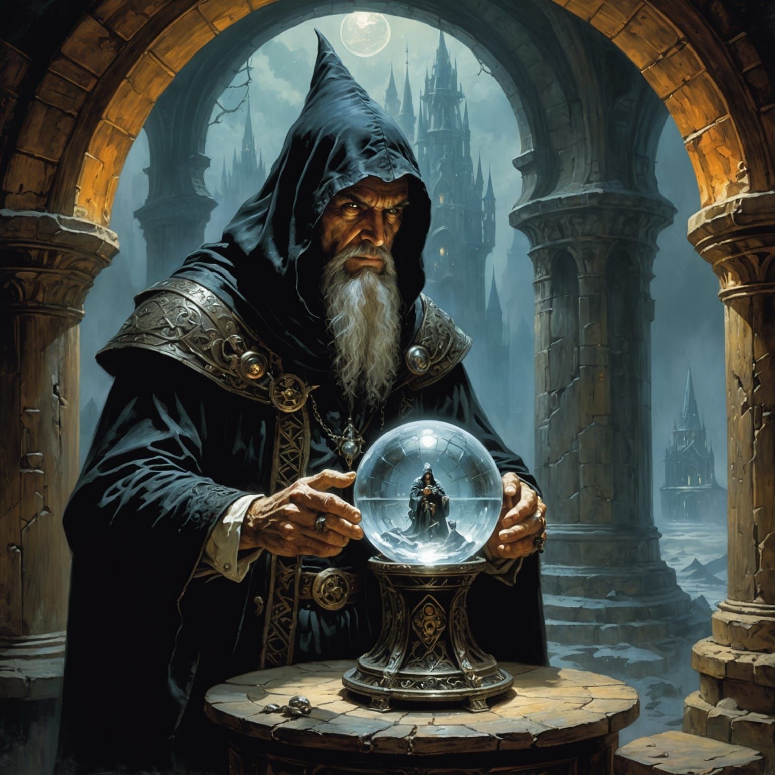 Warlock and Crystal Ball in Oil Painting Style