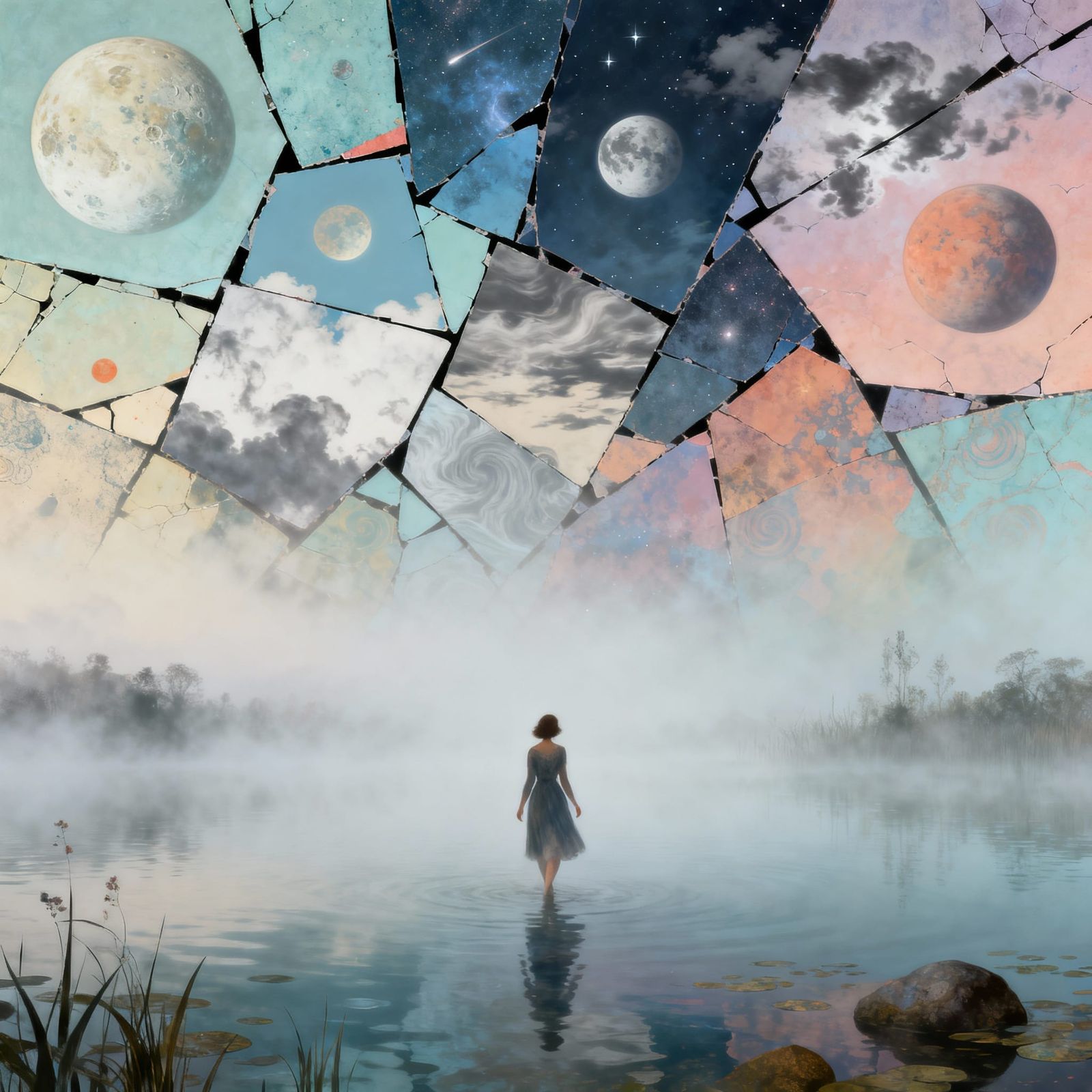 Woman in Surreal Foggy Lake Under Fractured Celestial Sky